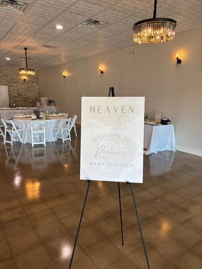 Heaven Sent baby shower welcome sign on an easel